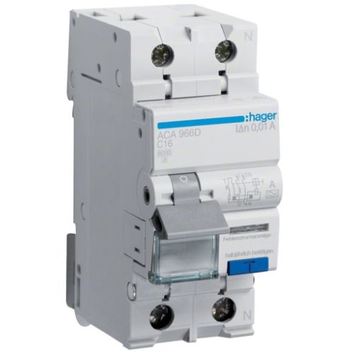 Дифференциальный автоматический выключатель Hager 1-п.+N 16A C 10mA (6kA) A (B) (ACA966D)