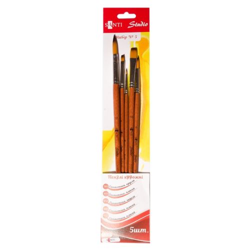Пензлик для малювання Santi набір художніх №5, синтетика, 3шт круглі (№1,6,12), 2шт плоскі (№4,10), коротка ручка (310838)
