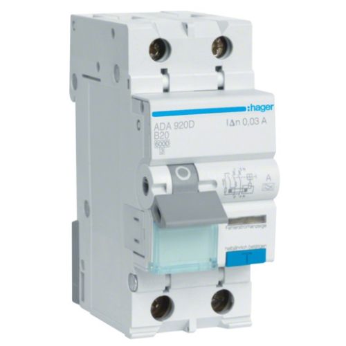 Дифференциальный автоматический выключатель Hager 1-п.+N 20A B 30mA (6kA) A (B) (ADA920D)