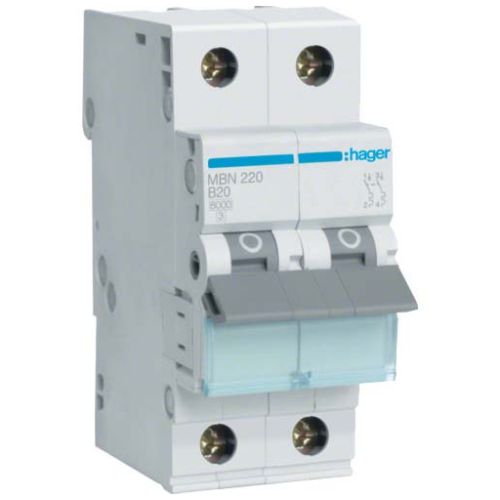 Автоматичний вимикач Hager 2-п. B 20A (6kA) 2M (B) (MBN220)