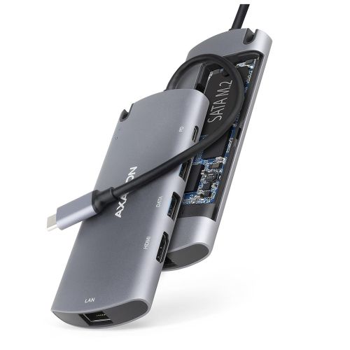 Концентратор AXAGON USB-C to 2xUSB-A + HDMI + RJ45 + SATA M.2 + PD 100W 0.18m grey (HMC-6M2)