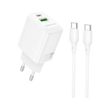 Зарядное устройство BOROFONE BN27 Fuente 1xUSB-C PD20W + 1xUSB QC3.0 + cable USB-C to USB-C White (6941991120282)