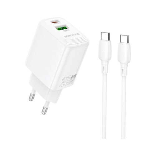 Зарядное устройство BOROFONE BN27 Fuente 1xUSB-C PD20W + 1xUSB QC3.0 + cable USB-C to USB-C White (6941991120282)