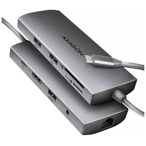 Концентратор AXAGON USBC to 3xUSB-A + HDMI + RJ45 + SD/microSD + audio + PD 100W 0.2m grey (HMC-8HLSA)