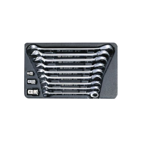 Ключ KING TONY ріжково-накидний з тріскачкою 12 шт, 10-19 мм та перехідники на 1/4, 3/8, 1/2 (9-10112MR)