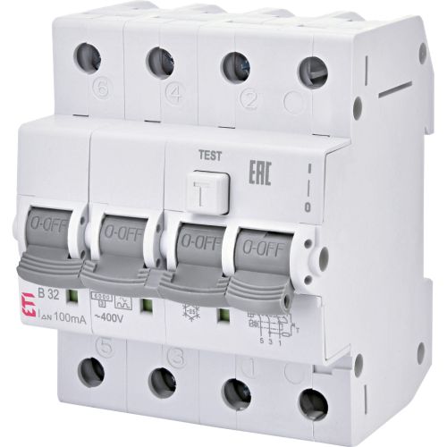 Дифференциальный автоматический выключатель ETI KZS-4M 3p+N C 32/0,03 тип AC (6kA)