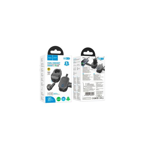 Мережевий фільтр живлення HOCO NS7 1 роз, 2 USB,USB-C, 20W, 1.1м, Black (NS7B)