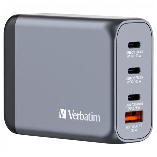 Зарядний пристрій Verbatim GaN 100 W 4 ports (2xUSB-C-100 W,USB-C 65 W /USB-A -3.0) (32202)
