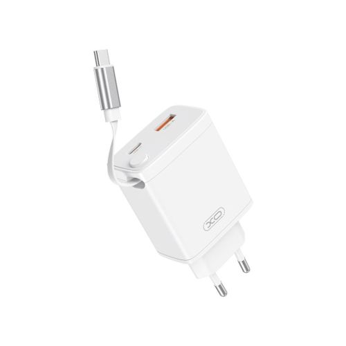 Зарядний пристрій XO 1xUSB-C + 1xUSB QC30W GaN + cable USB-C to USB-C white (XO-CE31)
