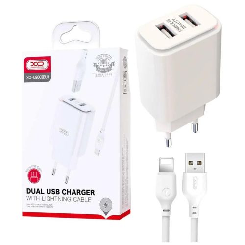 Зарядний пристрій XO L90C (2USB/2.4A) + USB - Lightning White (XO-L90C-L)