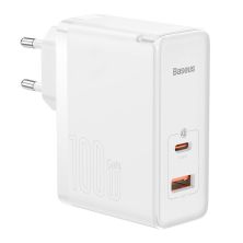 Зарядний пристрій Baseus 1xUSB-C + 1xUSB GaN 100W + cable USB-C to USB-C white (CCGP090202)