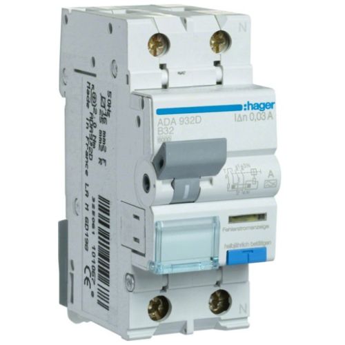 Дифференциальный автоматический выключатель Hager 1-п.+N 32A B 30mA (6kA) A (B) (ADA932D)