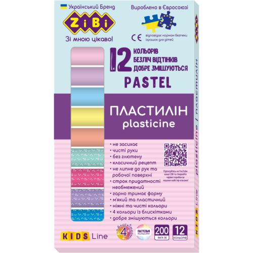 Пластилин ZiBi Pastel 12 цветов 8 пастель + 4 глитера 200 г (ZB.6240)