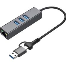 Адаптер USB 3.0 Type-C/Type-A to RJ45 Gigabit Lan, 3*USB 3.0, cable 13 cm Dynamode (DM-AD-GLAN-U3)