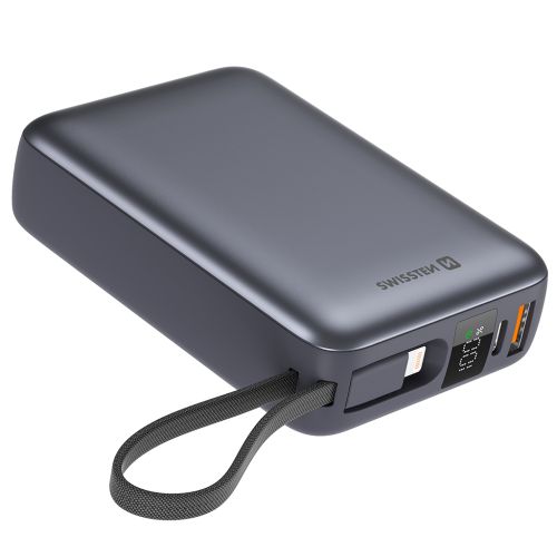 Батарея универсальная SWISSTEN 20000mAh SPACE 22/5W PD QC w/built-in cables USB-C/LIGHTNING Silver (8595217490598)
