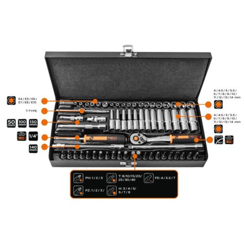 Набор инструментов Neo Tools 63шт, 1/4, CrV, металлический кейс (10-008)