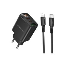 Зарядний пристрій BOROFONE BA98A Ilustre 2xUSB-C + 1xUSB-A PD30W digital display + cable USB-C to Lightning Black (6941991120527)