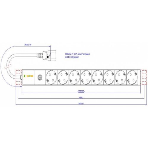 Силовой блок Conteg 19 1U w/PDU 8xSchuko, вилка C14, кабель 2м (DP-RP-08-SCHUF-IEEC14/S)