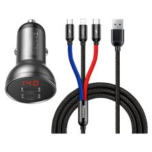 Зарядное устройство Baseus Digital Display Dual USB 4.8A Car Charger 24W+Three Primary Colors 3-in-1 Cable 1.2m (TZCCBX-0G)
