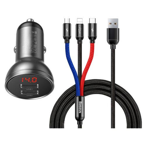Зарядное устройство Baseus Digital Display Dual USB 4.8A Car Charger 24W+Three Primary Colors 3-in-1 Cable 1.2m (TZCCBX-0G)