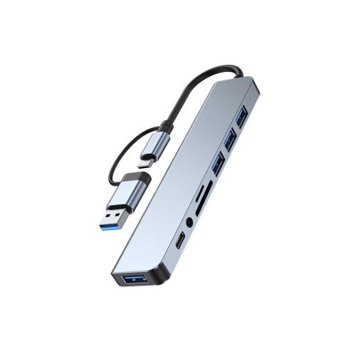Концентратор Dynamode USB-C/A 8-in-1 1xUSB-C + 1xUSB 3.0 + 3xUSB 2.0 + 3.5mm audio + SD/TF silver (BYL-2218TU)
